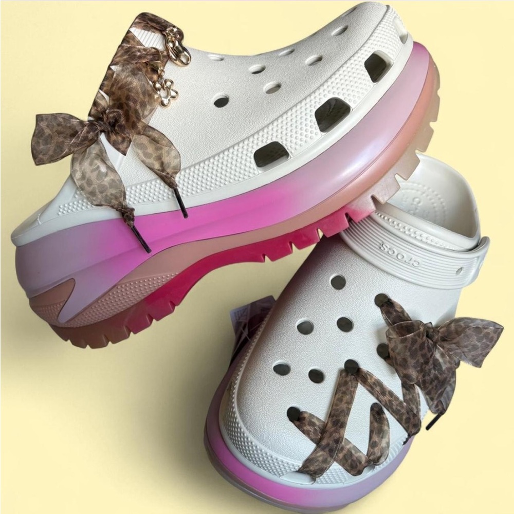 leopard lace + gold charm crocs clogs